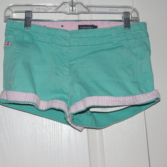 Southern Marsh Chino Shorts Size 0 Aqua Mint with Pink Cuffs Preppy Beach Resort - Picture 2 of 5